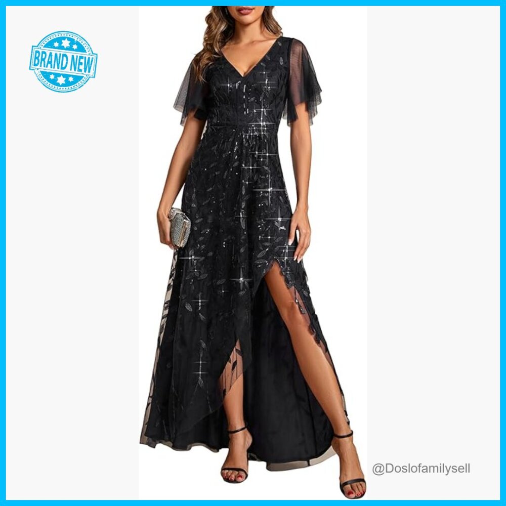 Shimmery Formal Dress V Neck Sequins A-Line Side Slit Elegant Evening